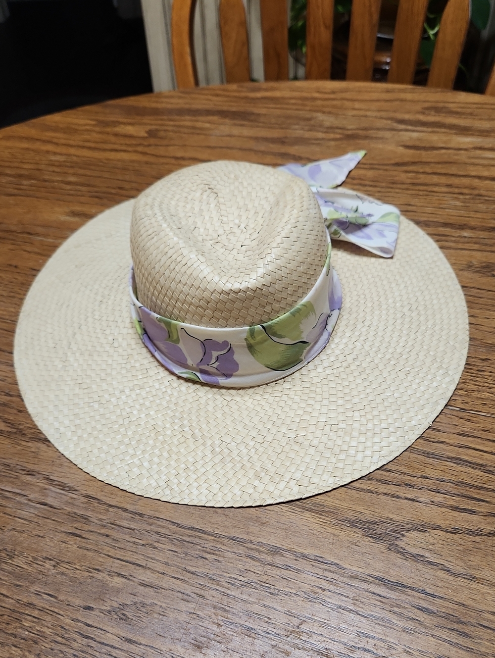 Straw Sun Hat with Lavender Floral Scarf Accent